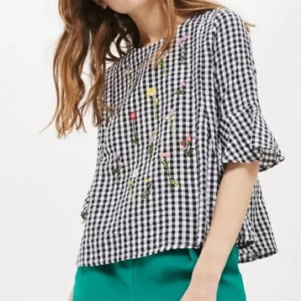 Topshop Floral Embroidered Gingham Top